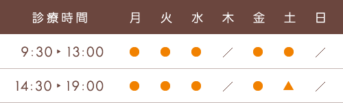 診療時間 9：30〜13：00／14：30〜19：00