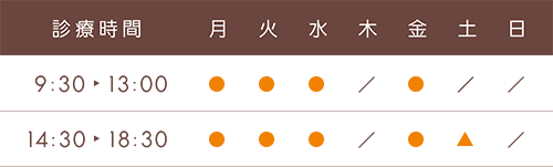 診療時間 9：30〜13：00／14：30〜18：30
